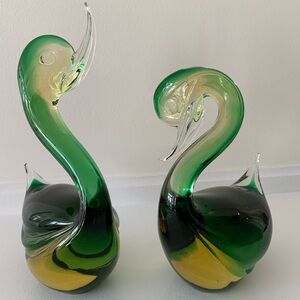 Murano Green and Yellow Glass Swan Pair